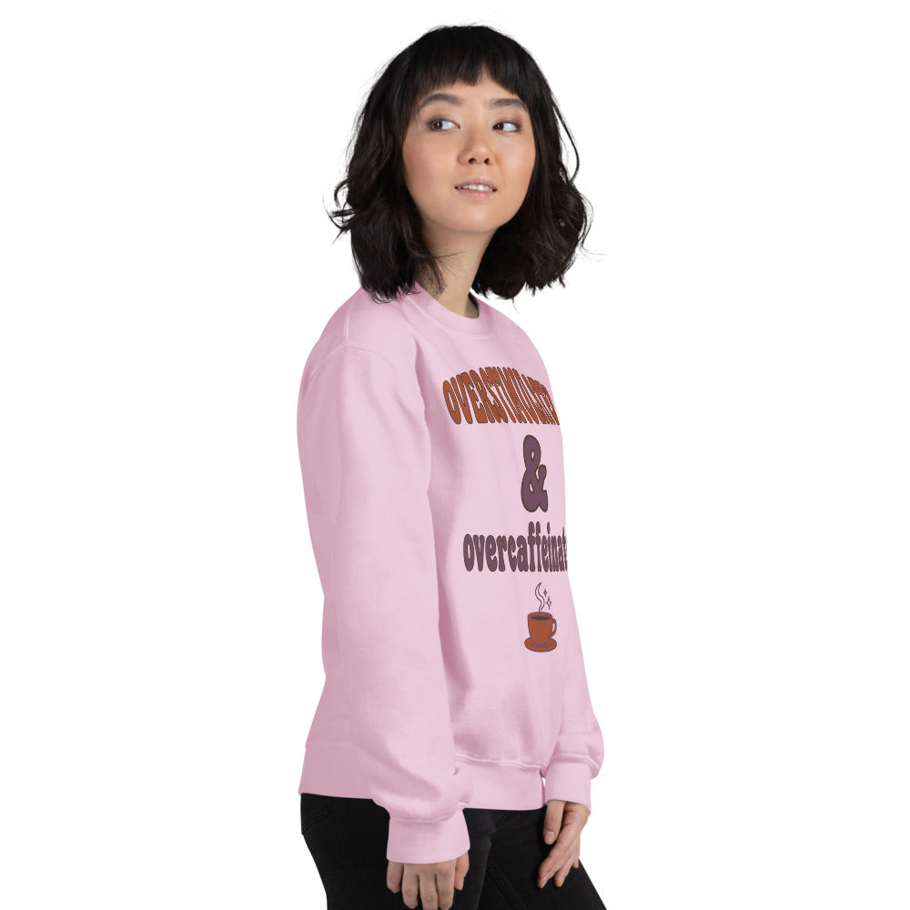Overstimulated & Overcaffeinated soft retro coffee mental health crewneck sweatshirt — Light Pink, on model