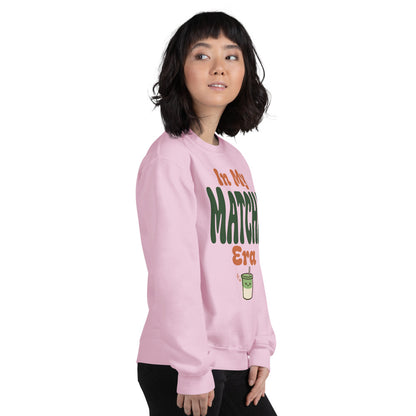 In My Matcha Era retro matcha crewneck sweatshirt — Light Pink, on model