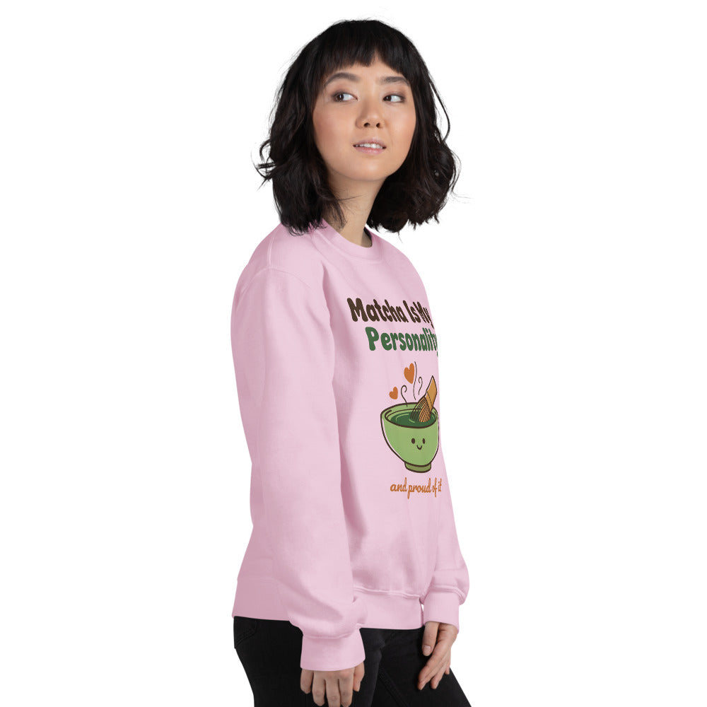 Matcha Is My Personality retro matcha crewneck sweatshirt — Light Pink, on model