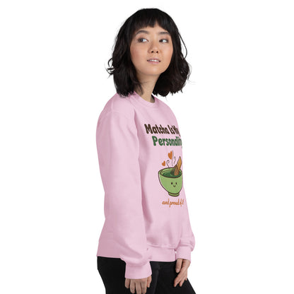 Matcha Is My Personality retro matcha crewneck sweatshirt — Light Pink, on model