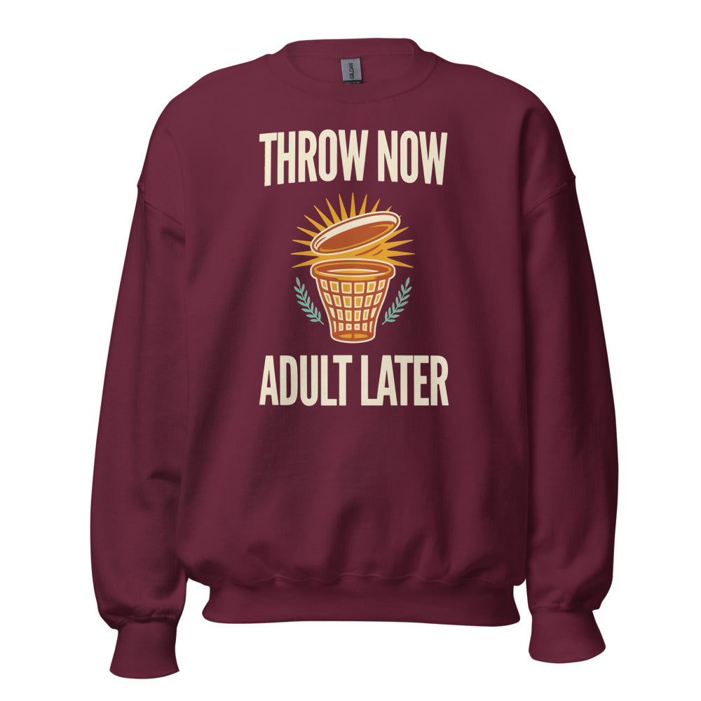 Throw Now Adult Later disc golf retro crewneck sweatshirt — Maroon, front