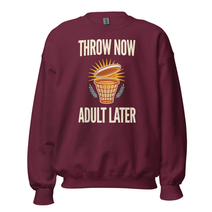 Throw Now Adult Later disc golf retro crewneck sweatshirt — Maroon, front
