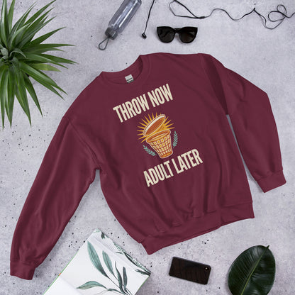 Throw Now Adult Later disc golf retro crewneck sweatshirt — Maroon, front angle