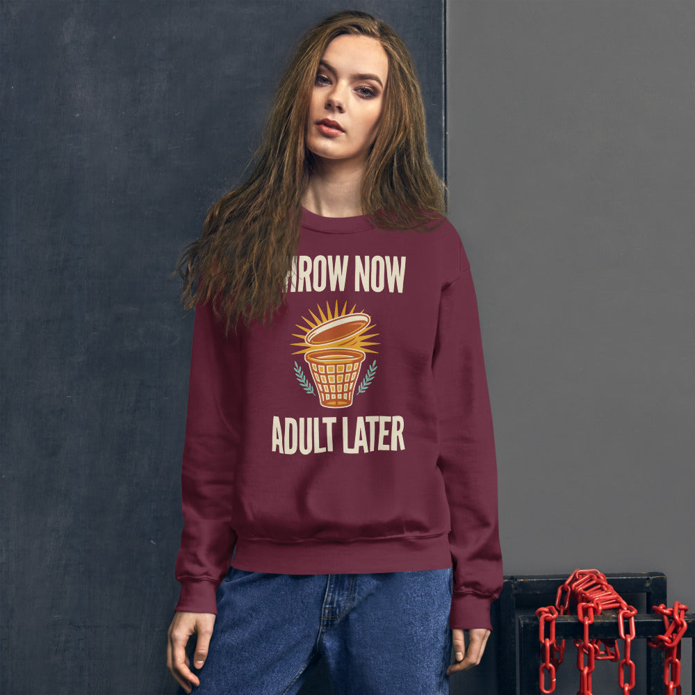 Throw Now Adult Later disc golf retro crewneck sweatshirt — Maroon, on model