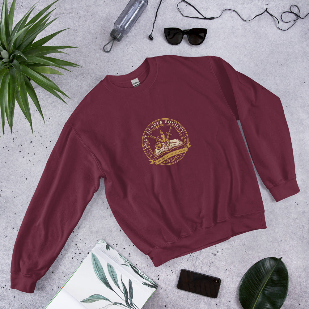 Smut Reader Society book lover dark academia crewneck sweatshirt — Maroon, front angled
