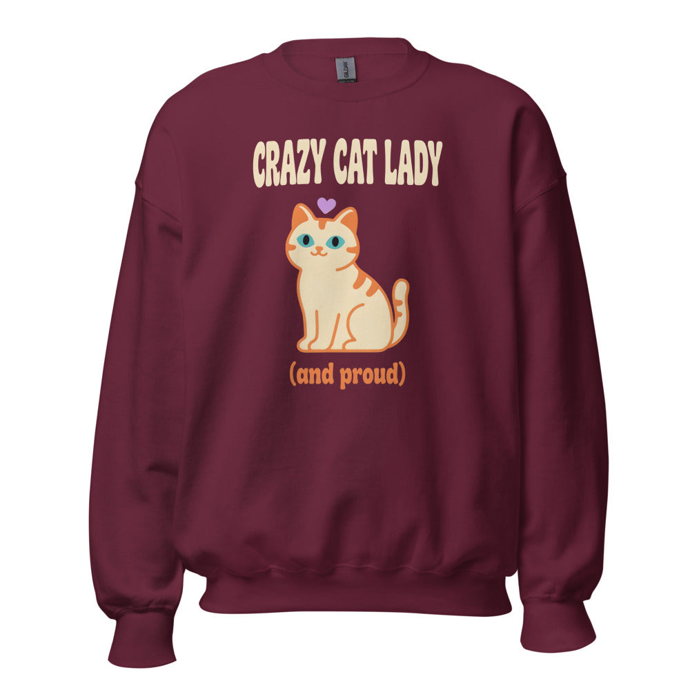 Crazy Cat Lady and Proud retro Y2K crewneck sweatshirt — Maroon, front