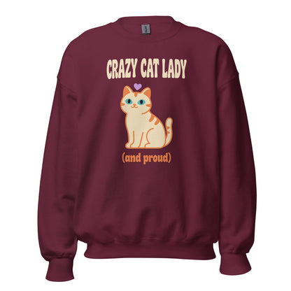 Crazy Cat Lady and Proud retro Y2K crewneck sweatshirt — Maroon, front