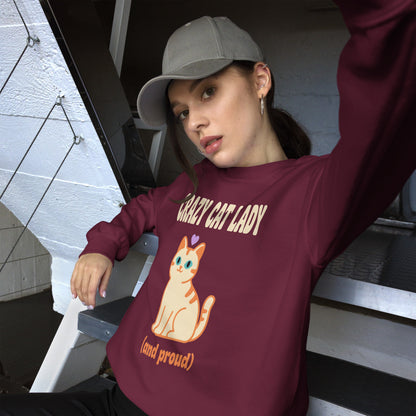 Crazy Cat Lady and Proud retro Y2K crewneck sweatshirt — Maroon, on model
