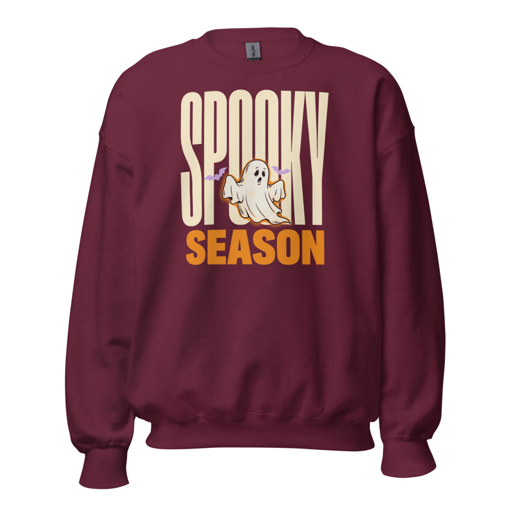 Spooky Season retro Halloween ghost typography crewneck sweatshirt — Maroon, front