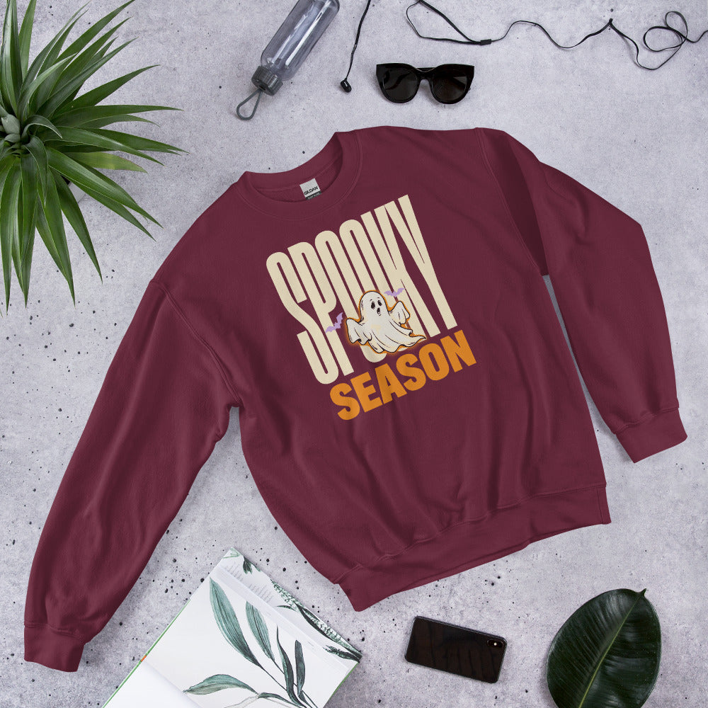 Spooky Season retro Halloween ghost typography crewneck sweatshirt — Maroon, front angled