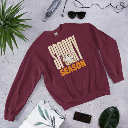 Spooky Season retro Halloween ghost typography crewneck sweatshirt — Maroon, front angled
