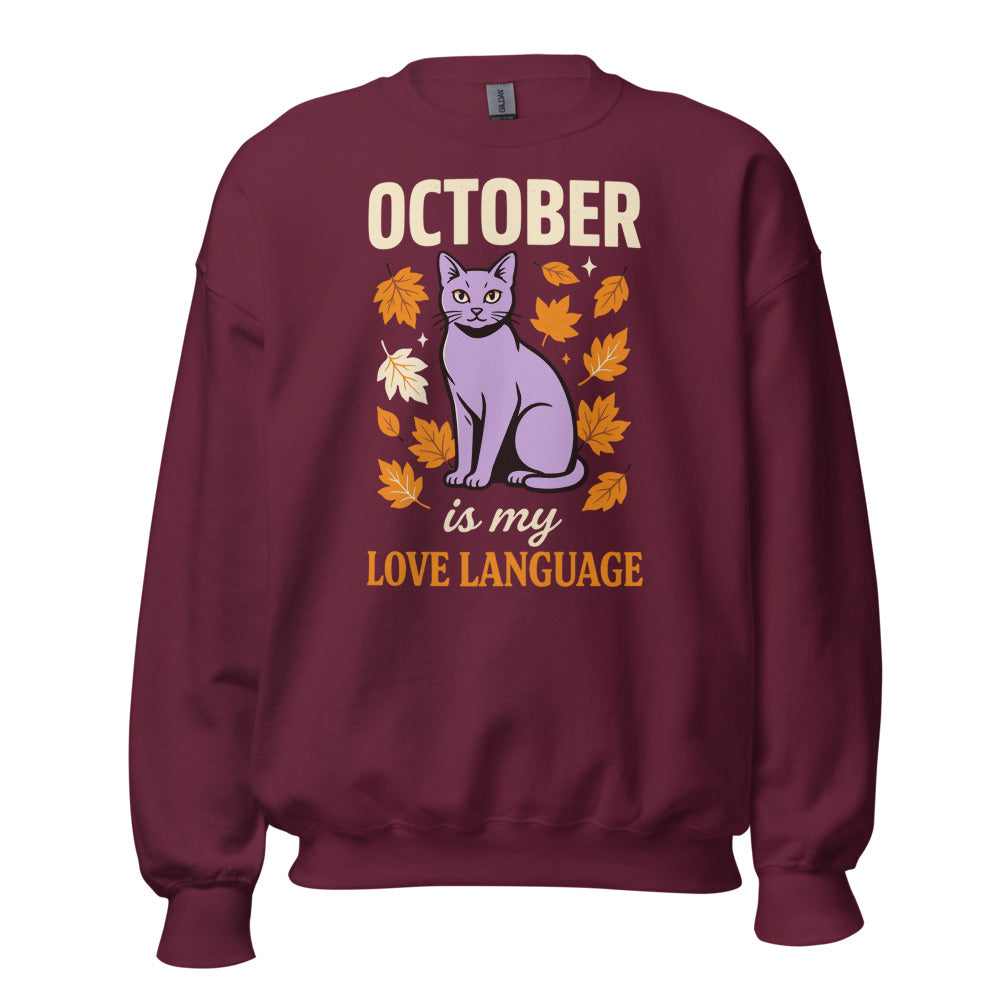October Is My Love Language retro Halloween black cat crewneck sweatshirt — Maroon, front