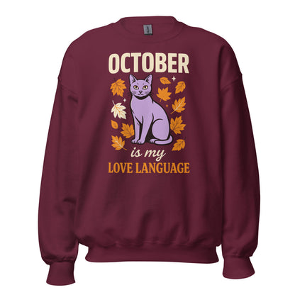October Is My Love Language retro Halloween black cat crewneck sweatshirt — Maroon, front