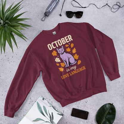 October Is My Love Language retro Halloween black cat crewneck sweatshirt — Maroon, front view