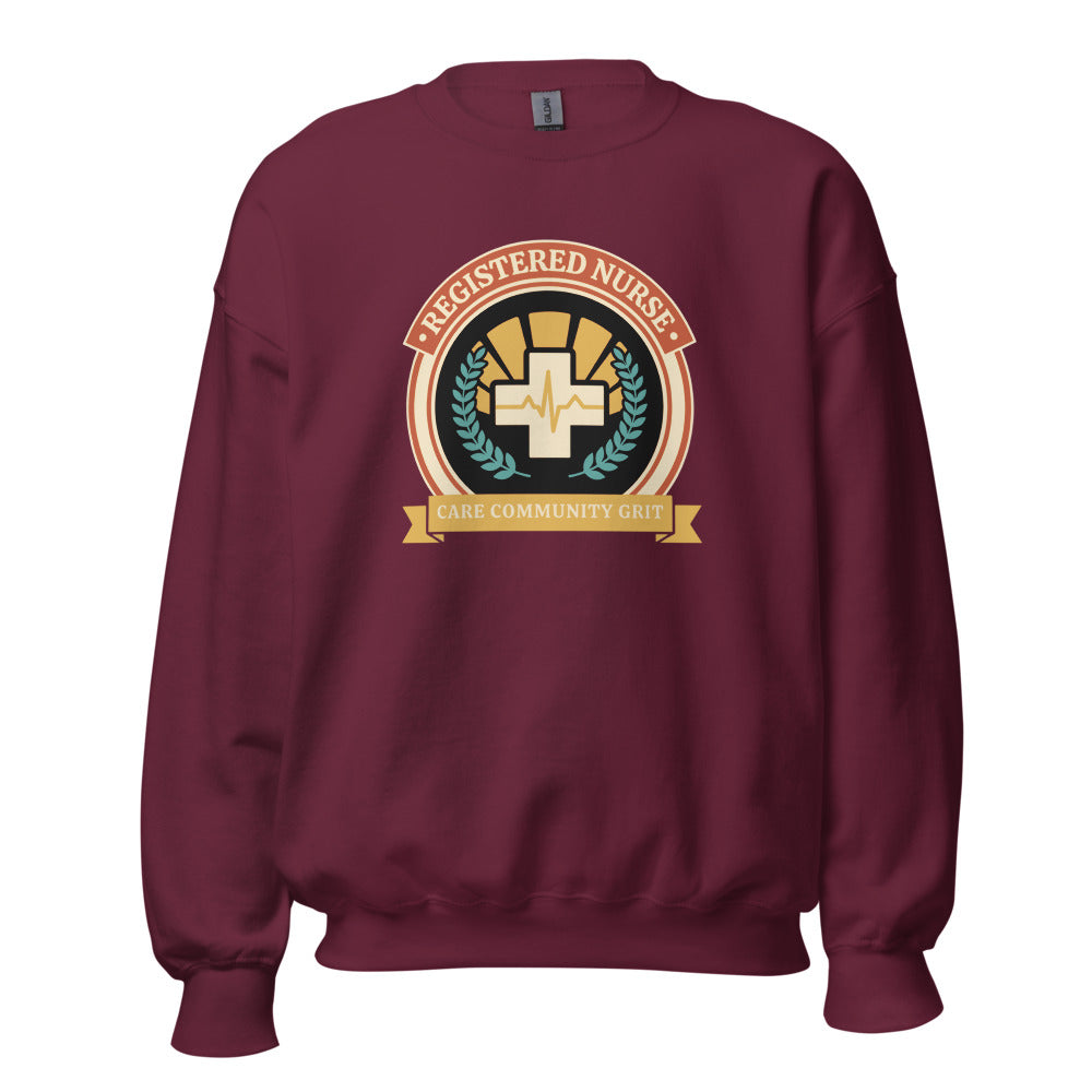 Registered Nurse vintage healthcare emblem badge crewneck sweatshirt — Maroon, front