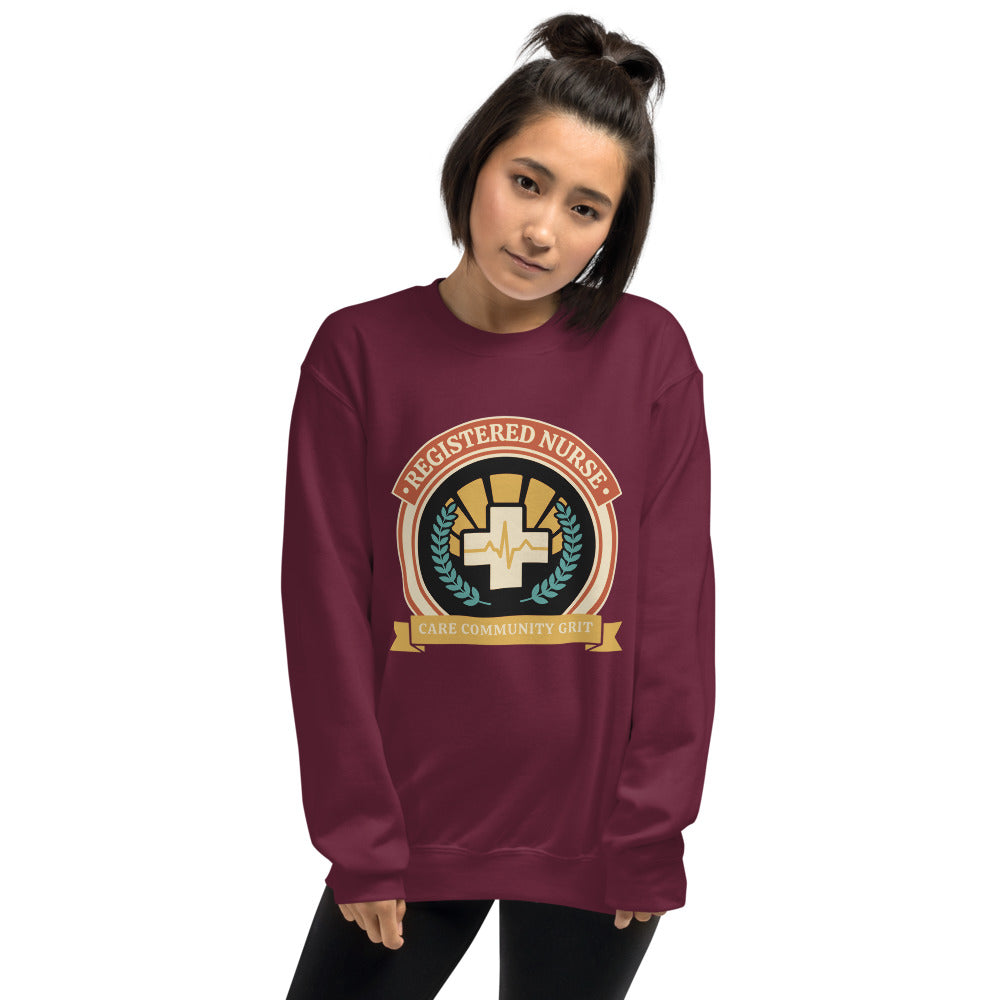 Registered Nurse vintage healthcare emblem badge crewneck sweatshirt — Maroon, on model