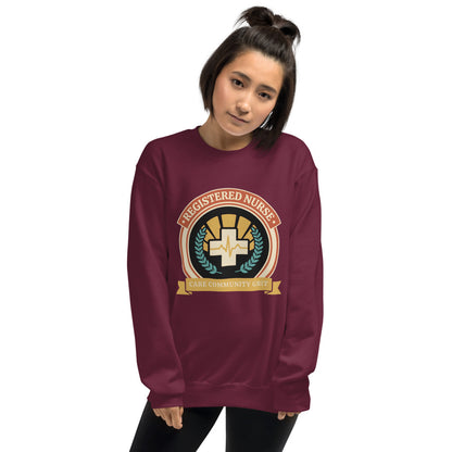 Registered Nurse vintage healthcare emblem badge crewneck sweatshirt — Maroon, on model