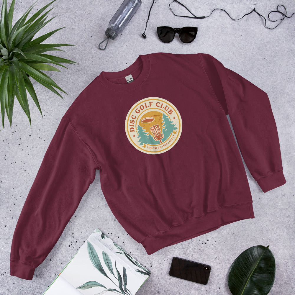 Disc Golf Club retro badge crewneck sweatshirt — Maroon, front-right