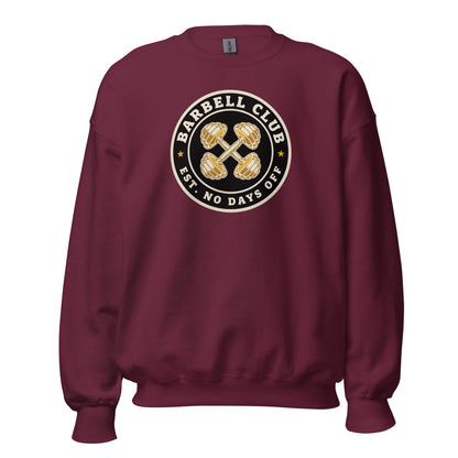 Barbell Club No Days Off vintage gym crewneck sweatshirt — Maroon, front
