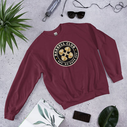 Barbell Club No Days Off vintage gym crewneck sweatshirt — Maroon, front-right