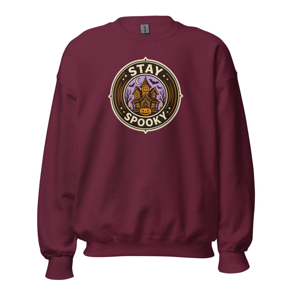Stay Spooky retro Halloween vintage badge crewneck sweatshirt — Maroon, front