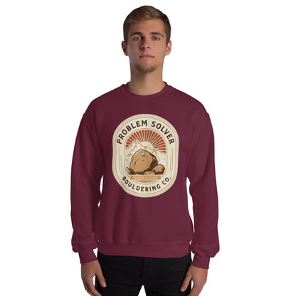 Problem Solver Bouldering Badge crewneck sweatshirt — Maroon, on model