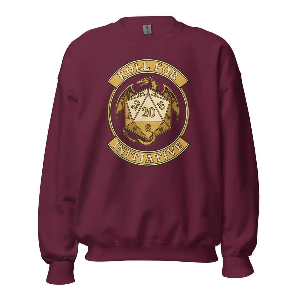 Roll For Initiative d20 dragon tabletop RPG crewneck sweatshirt — Maroon, front