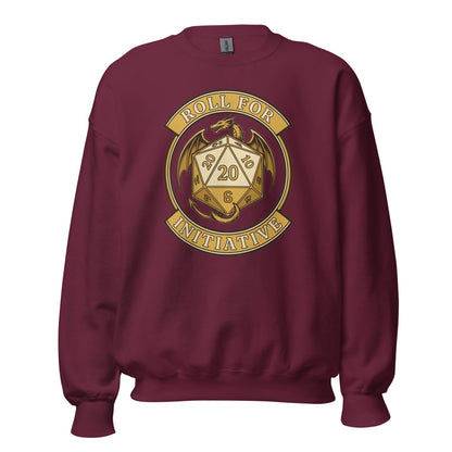 Roll For Initiative d20 dragon tabletop RPG crewneck sweatshirt — Maroon, front