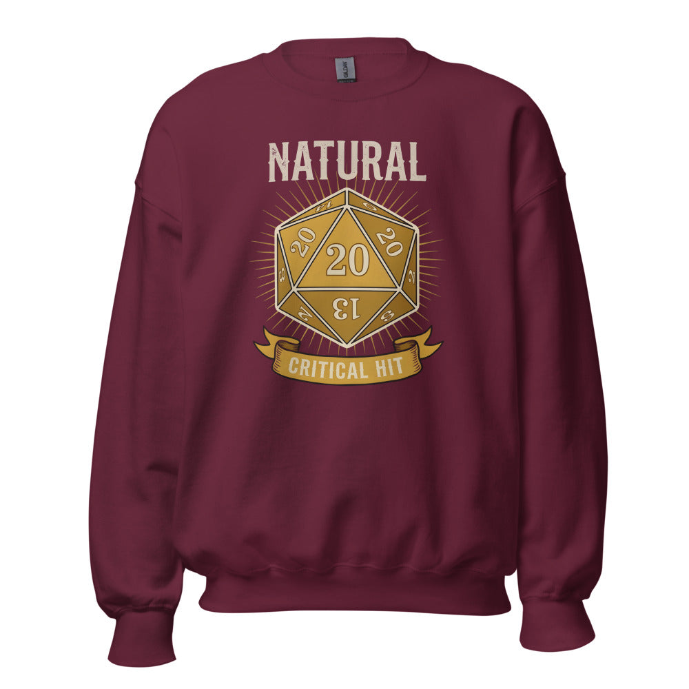 Natural 20 critical hit d20 tabletop RPG crewneck sweatshirt — Maroon, front