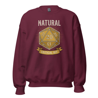 Natural 20 critical hit d20 tabletop RPG crewneck sweatshirt — Maroon, front