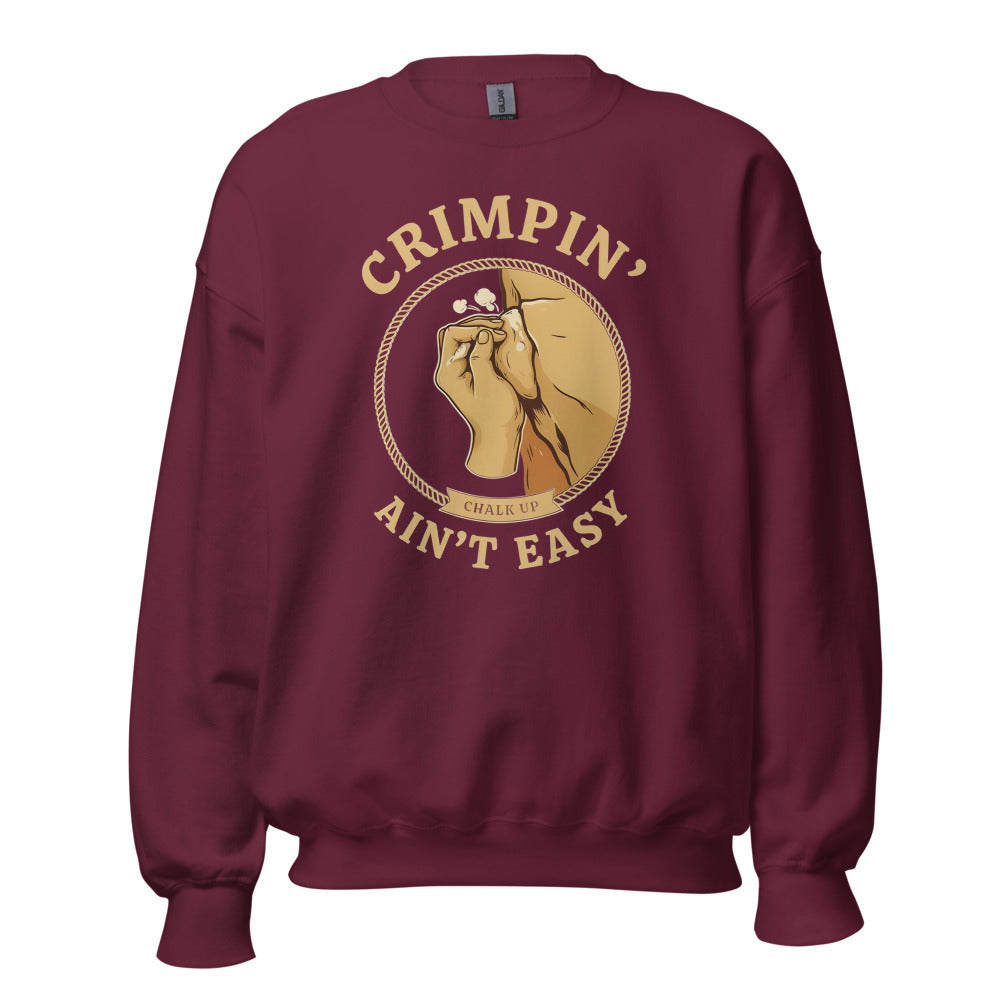 Crimpin' Ain't Easy bouldering badge crewneck sweatshirt — Maroon, front
