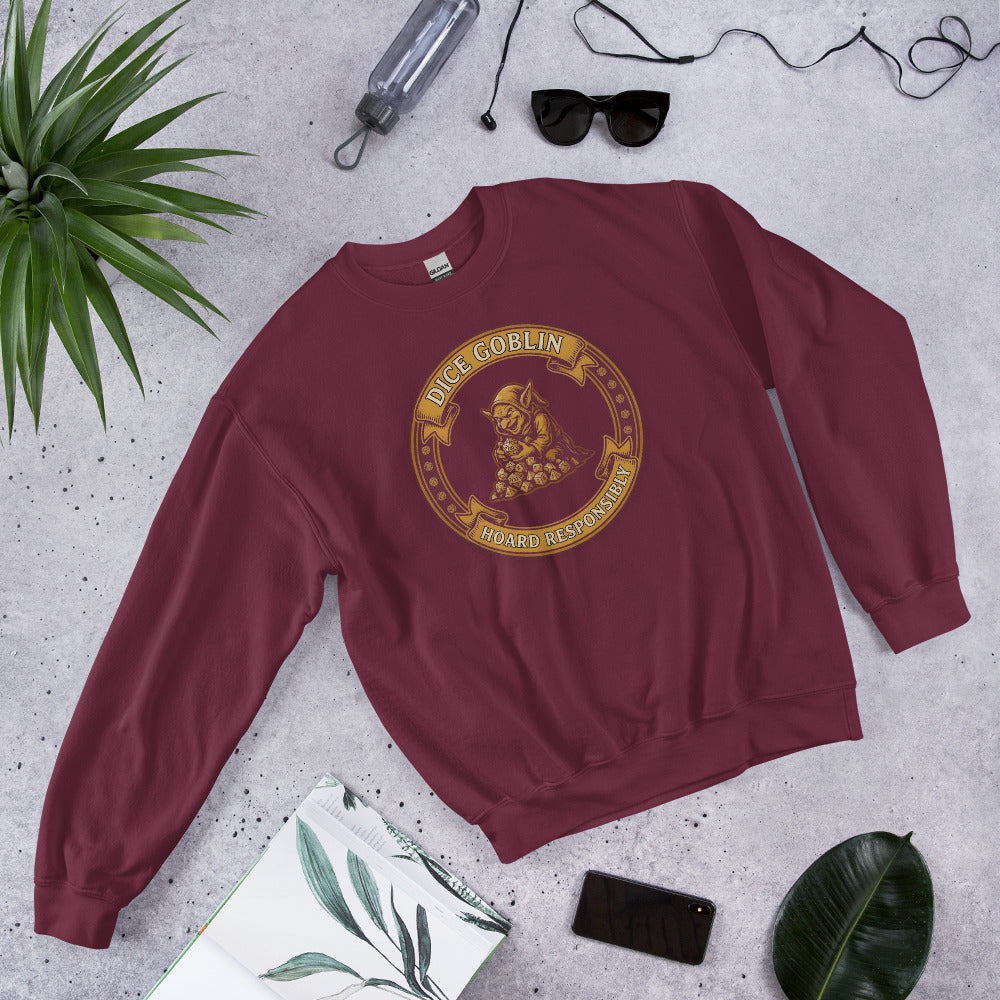 Dice Goblin Hoard Responsibly tabletop RPG crewneck sweatshirt — Maroon, front-right