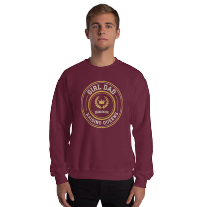 Girl Dad Raising Queens crest crewneck sweatshirt — Maroon, on model