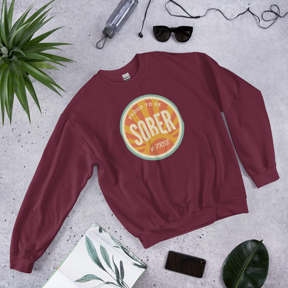 Sober & Proud retro sunburst crewneck sweatshirt — Maroon, front-right