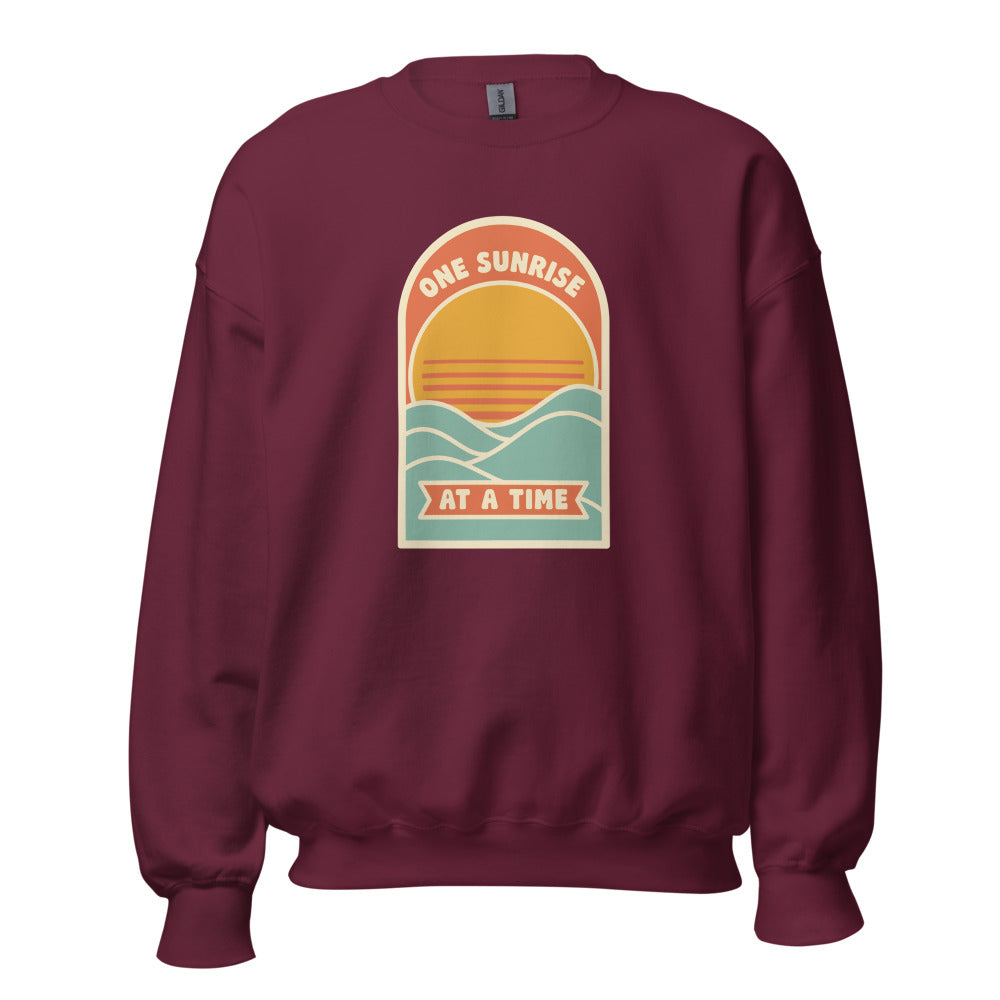 One Sunrise at a Time retro sunrise crewneck sweatshirt — Maroon, front