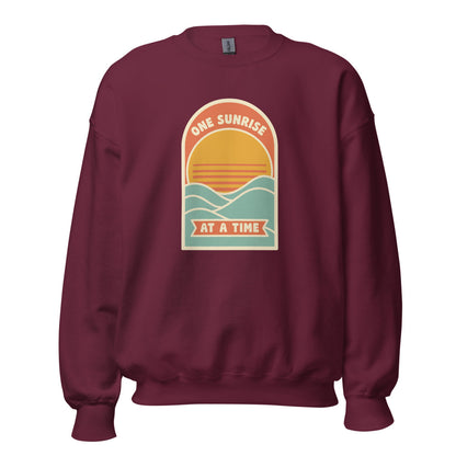 One Sunrise at a Time retro sunrise crewneck sweatshirt — Maroon, front