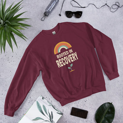 Rooted in Recovery retro rainbow crewneck sweatshirt — Maroon, front-right