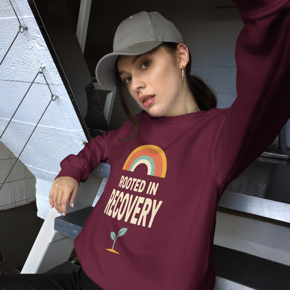 Rooted in Recovery retro rainbow crewneck sweatshirt — Maroon, on model