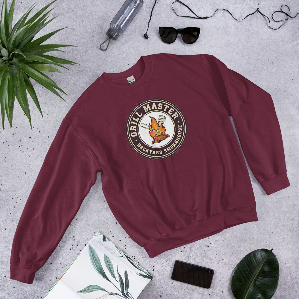 Grill Master retro backyard smokehouse crewneck sweatshirt — Maroon, front-right