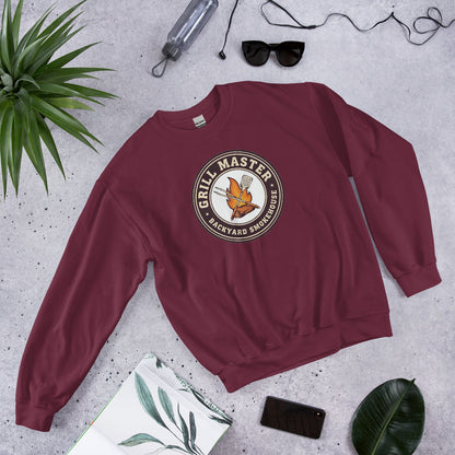 Grill Master retro backyard smokehouse crewneck sweatshirt — Maroon, front-right
