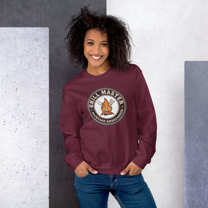Grill Master retro backyard smokehouse crewneck sweatshirt — Maroon, on model