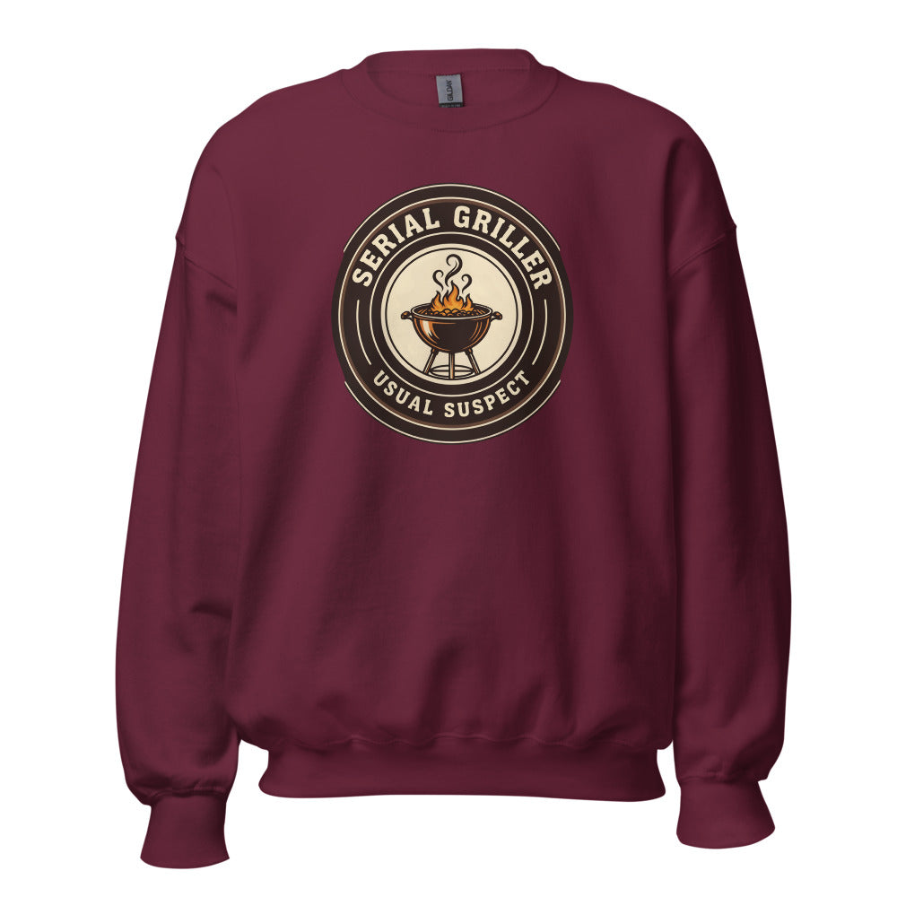 Serial Griller funny BBQ crewneck sweatshirt — Maroon, front