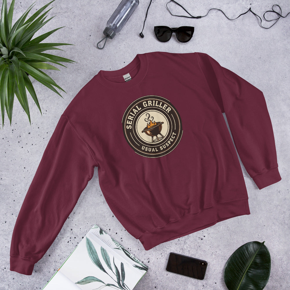 Serial Griller funny BBQ crewneck sweatshirt — Maroon, front-right