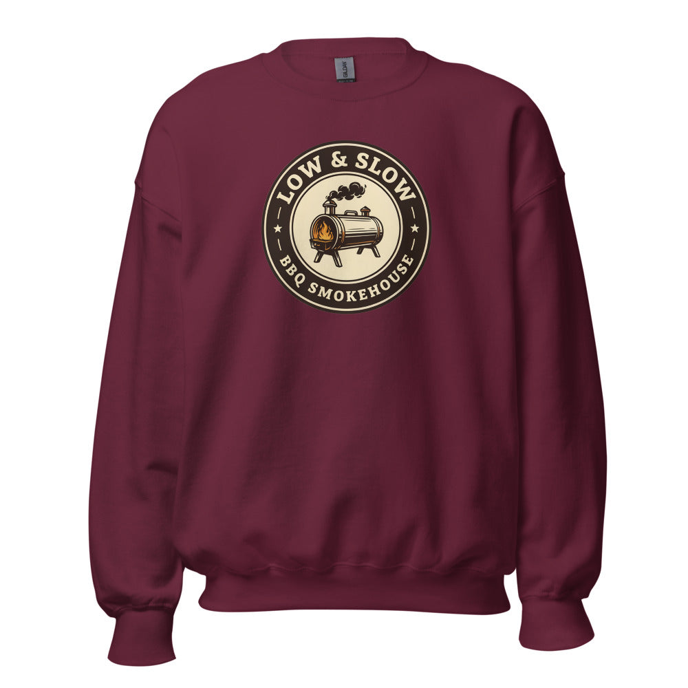 Low & Slow BBQ smoker crewneck sweatshirt — Maroon, front