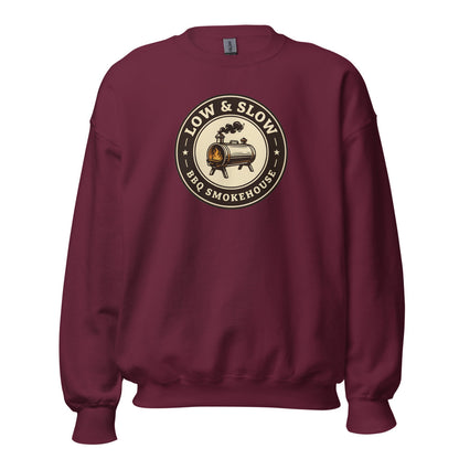 Low & Slow BBQ smoker crewneck sweatshirt — Maroon, front