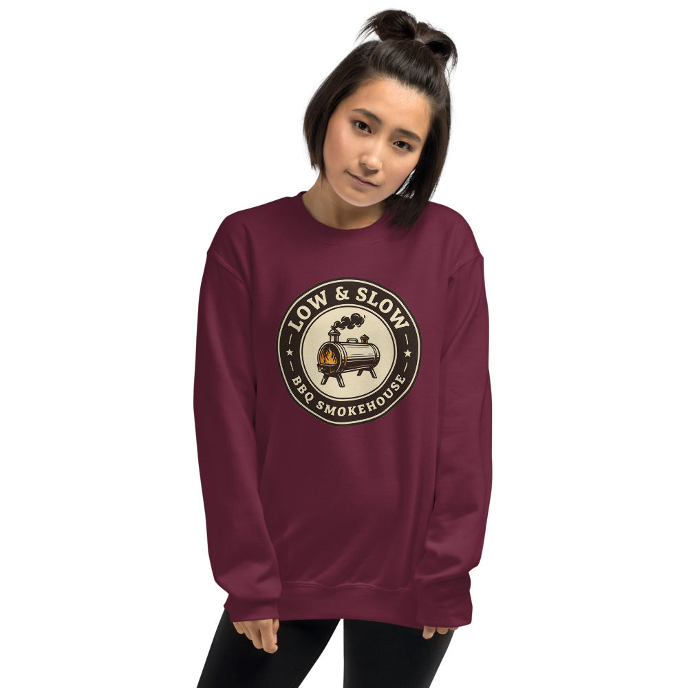 Low & Slow BBQ smoker crewneck sweatshirt — Maroon, on model