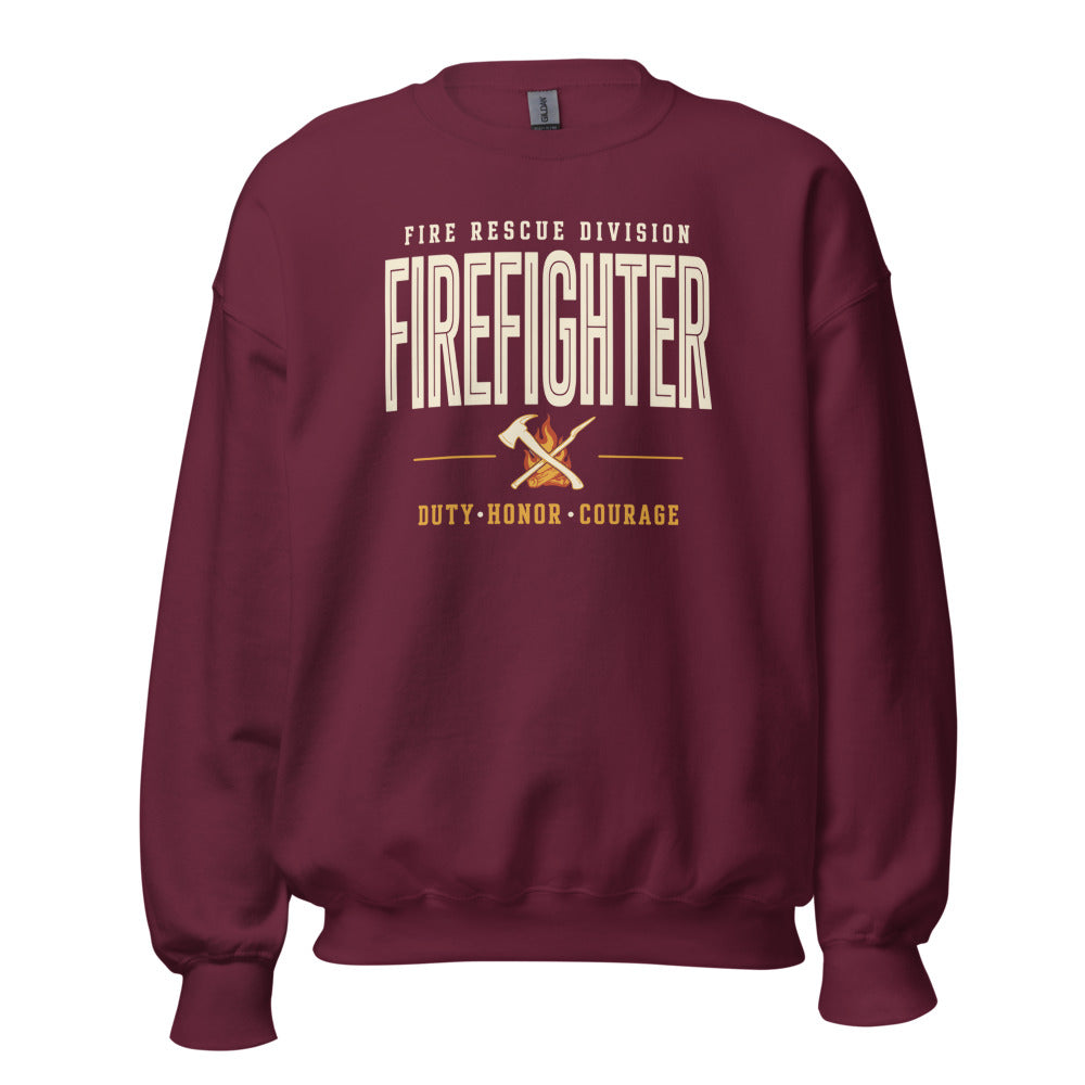 Firefighter collegiate wordmark retro fire-rescue crewneck sweatshirt — Maroon, front