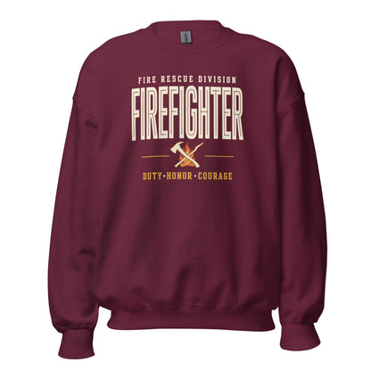 Firefighter collegiate wordmark retro fire-rescue crewneck sweatshirt — Maroon, front