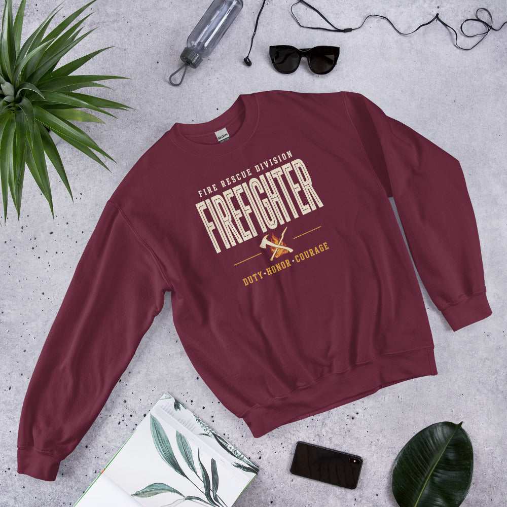 Firefighter collegiate wordmark retro fire-rescue crewneck sweatshirt — Maroon, front-right