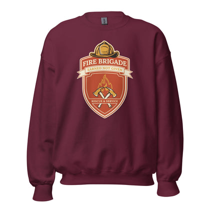 Fire Brigade Earned Not Given retro firefighter shield emblem crewneck sweatshirt — Maroon, front